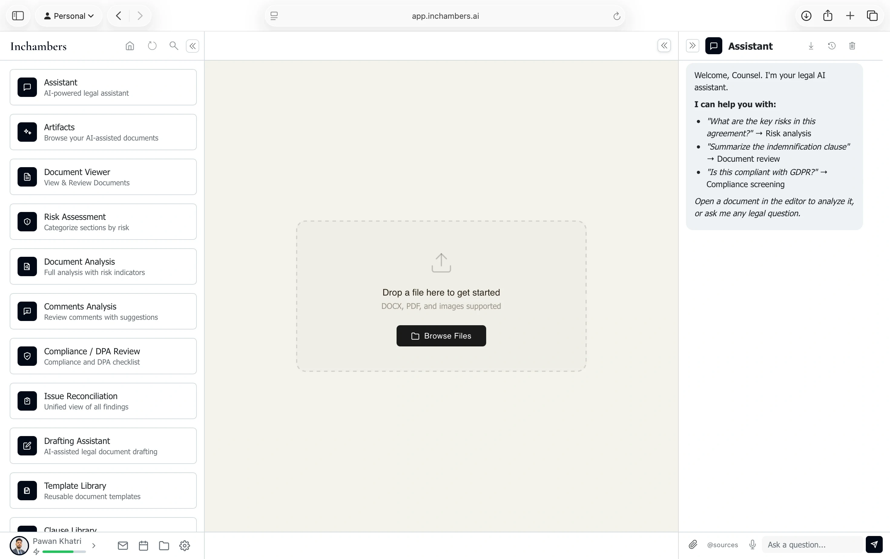 The inchambers workspace in the browser: feature sidebar, document area, and the AI Assistant panel